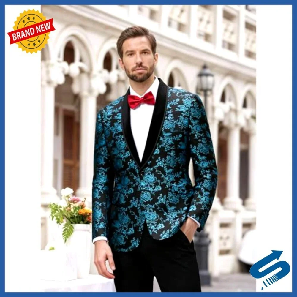 Men's Velvet Floral Blazer Shawl Lapel Tuxedo Jacket Formal Wear